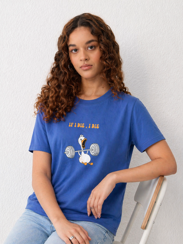 Women’s Royal Blue Graphic Printed Cotton T-Shirt | Casual Round Neck Duck Print Tee