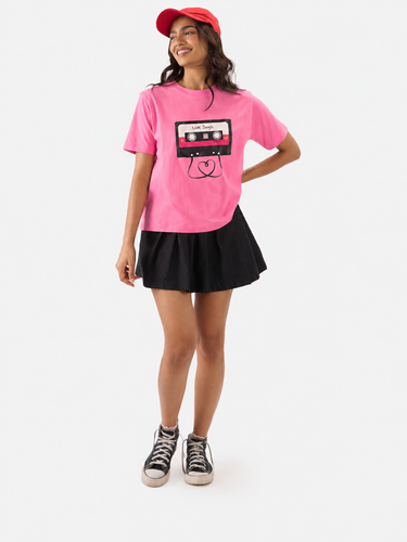Women’s Hot Pink Graphic Printed Cotton T-Shirt | Casual Round Neck Love Songs Oversized Tee