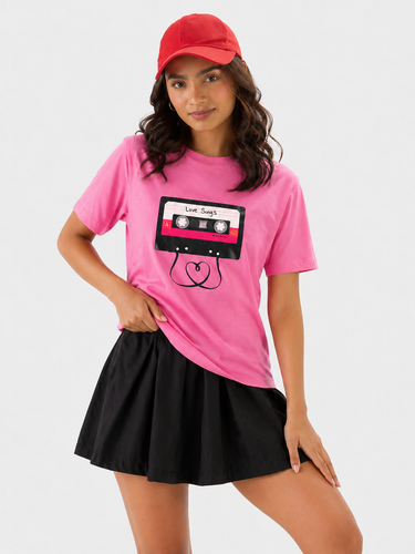 Women’s Hot Pink Graphic Printed Cotton T-Shirt | Casual Round Neck Love Songs Oversized Tee