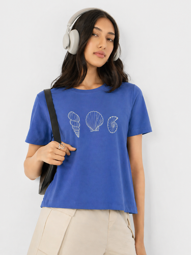 Women’s Royal Blue Seashell Graphic Printed Cotton T-Shirt | Casual Round Neck Minimalist Tee
