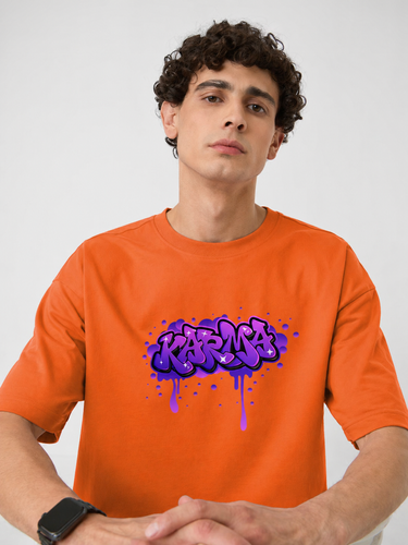 Karma Graffiti Men's Oversized Half Sleeve Orange Tee
