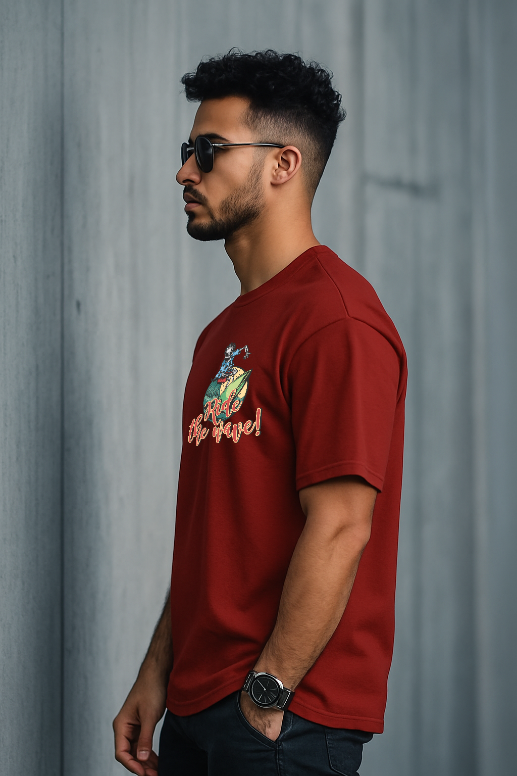 Men’s Oversized Printed T-Shirt – Ride the Wave Skeleton Surfer