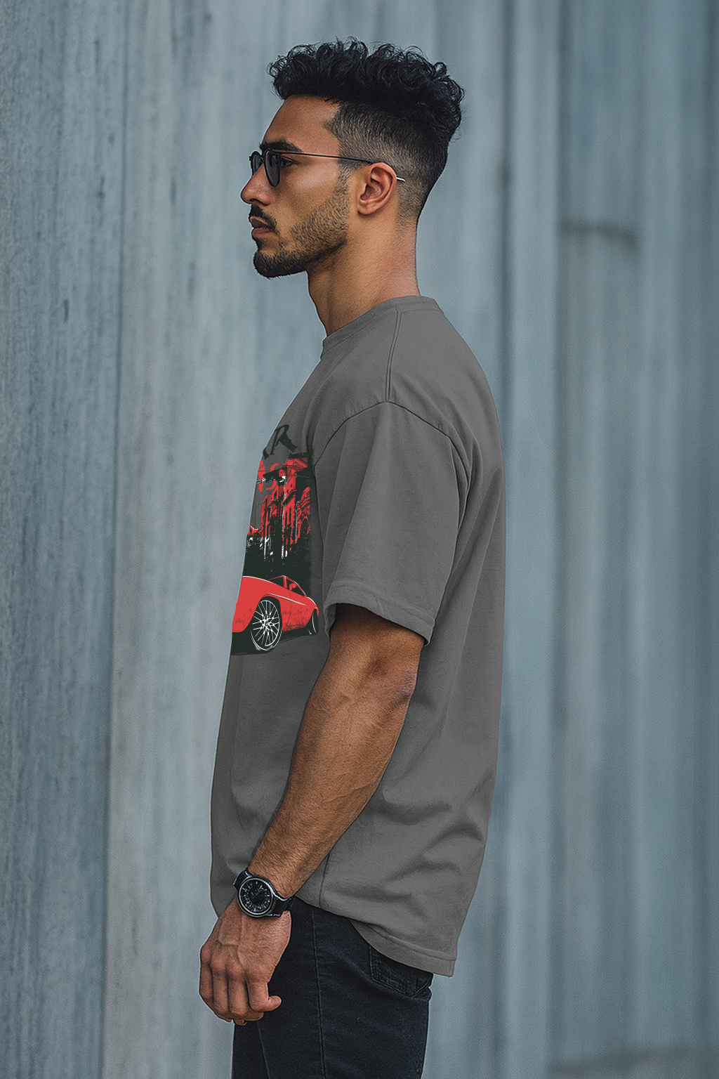 Men’s Oversized Graphic T-Shirt – “Fearless Drive” Car & City Print