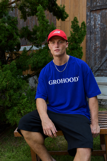 GROHOOD Oversized Blue Graphic T-Shirt for Men | Woven Stillness Back Print Tee | Premium Streetwear Cotton T-Shirt