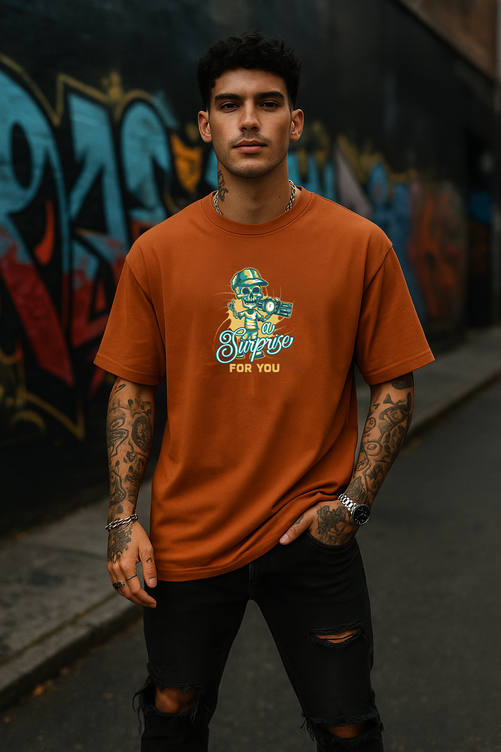 Men's Brown 'A Surprise For You' Skull Graphic Oversized T-Shirt