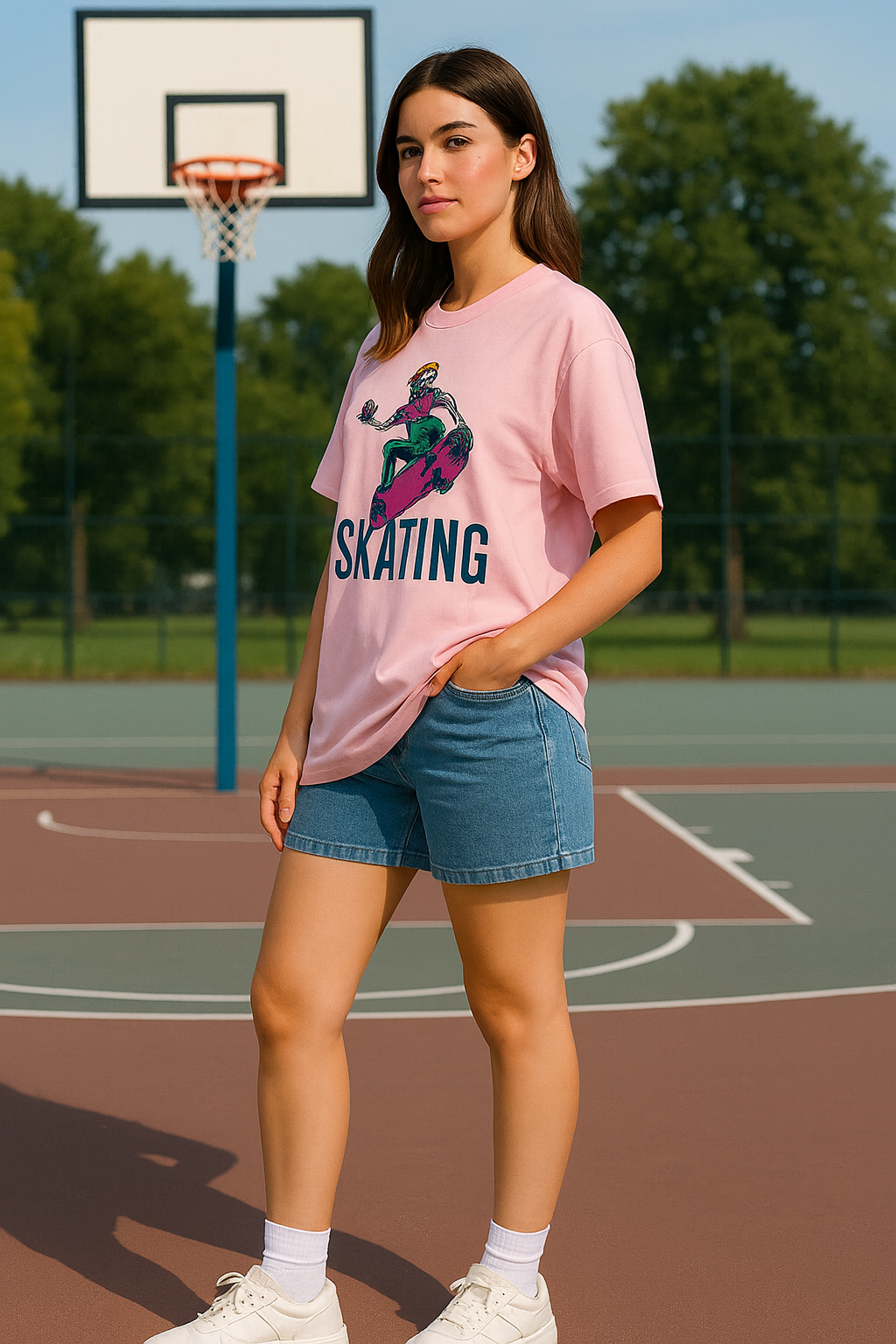 Women's Pink 'Skating Skeleton' Graphic T-Shirt