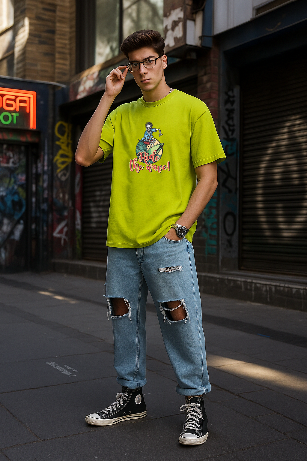 Men’s Oversized Printed T-Shirt – Ride the Wave Skeleton Surfer