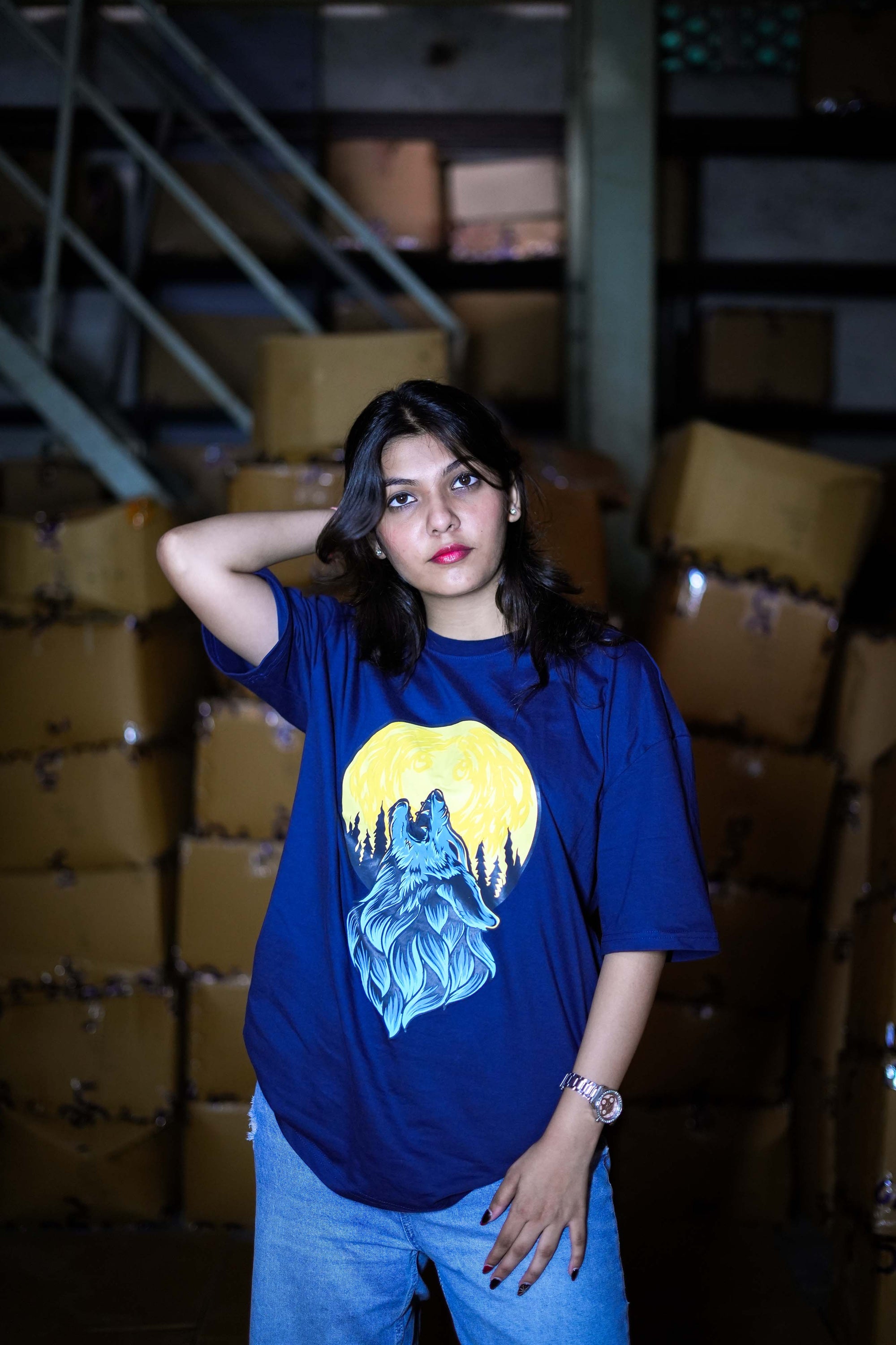 Women's Navy Blue 'Howling Wolf & Full Moon' Graphic Back Print T-Shirt