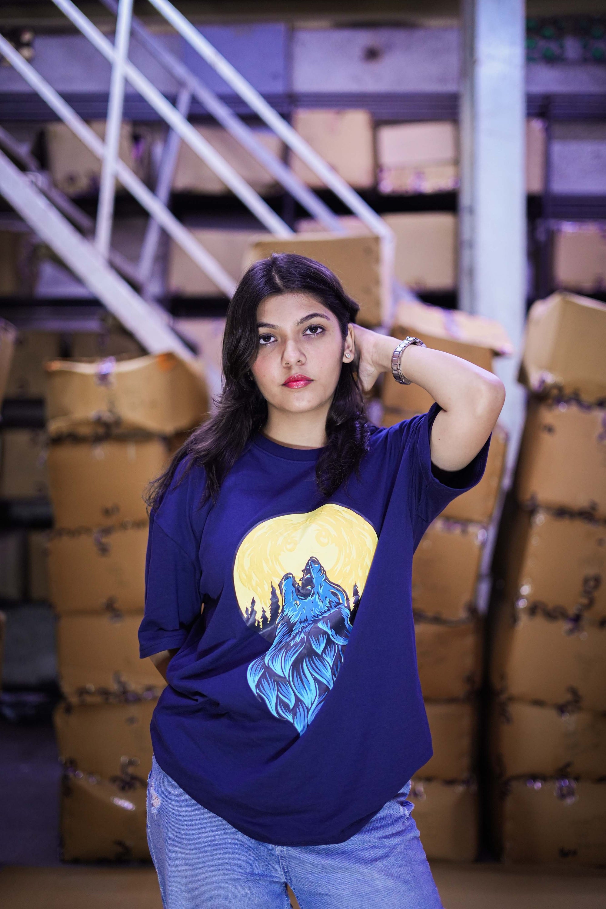 Women's Navy Blue 'Howling Wolf & Full Moon' Graphic Back Print T-Shirt