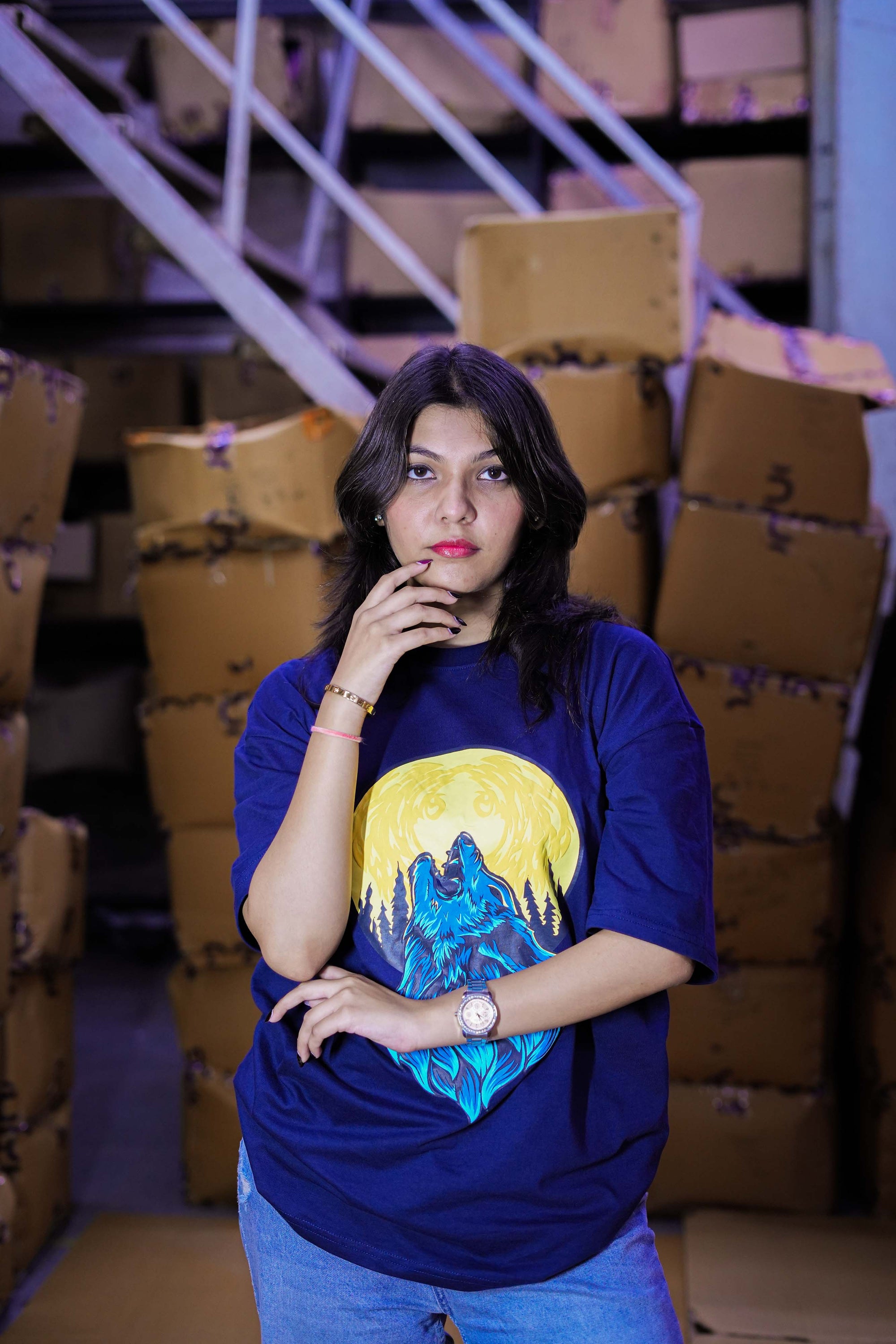 Women's Navy Blue 'Howling Wolf & Full Moon' Graphic Back Print T-Shirt