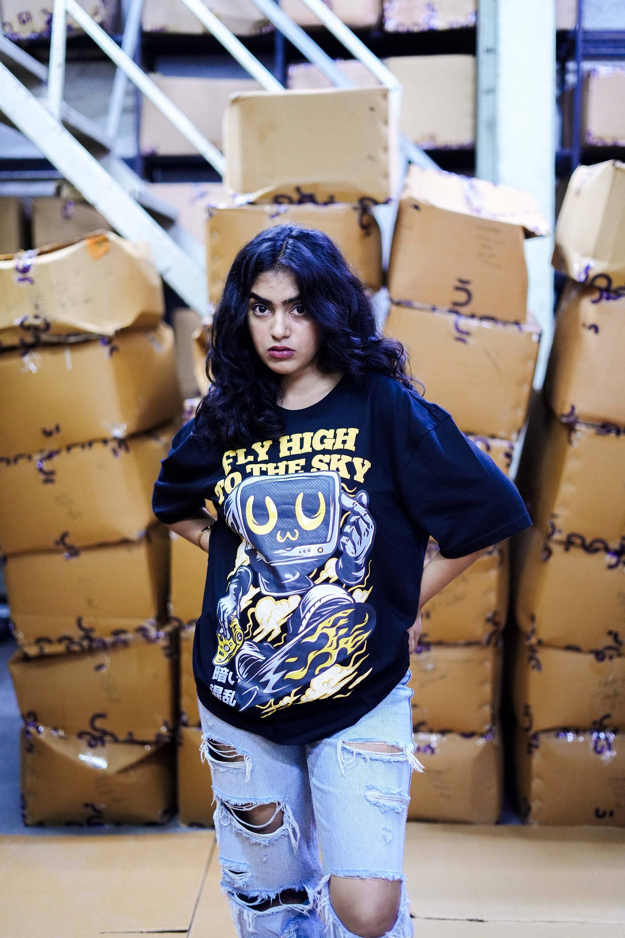 Unisex Black 'Fly High to the Sky' Graphic Oversized T-Shirt