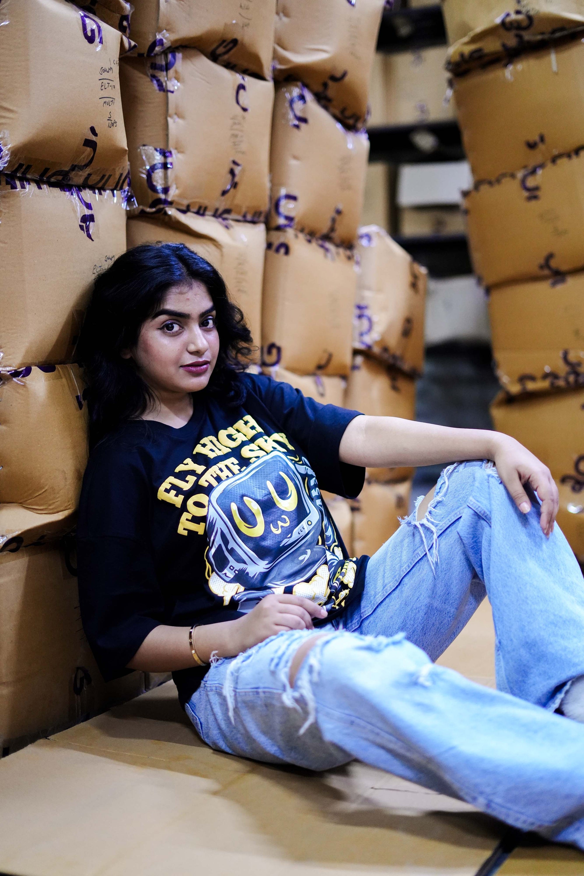 Women's Black 'Fly High to the Sky' Graphic Oversized T-Shirt