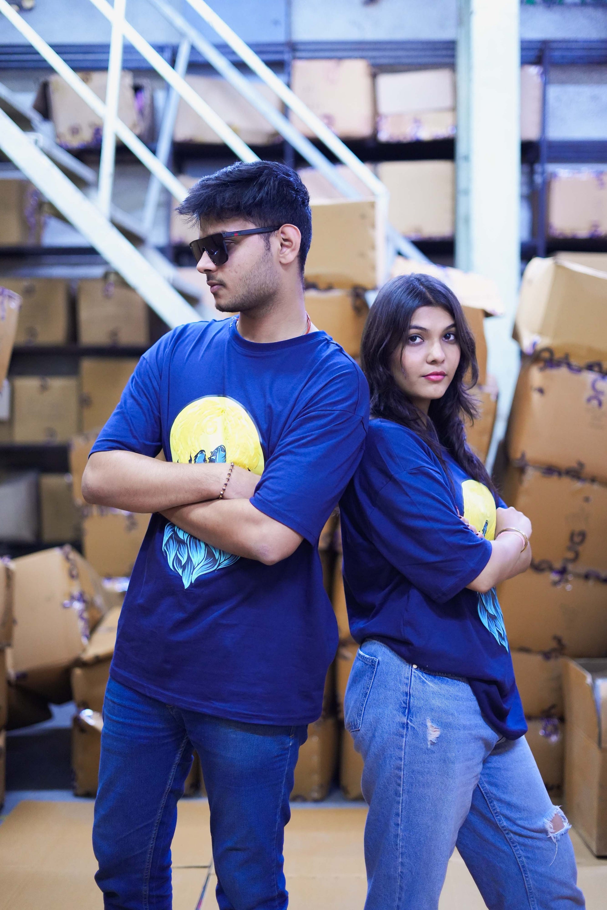 Unisex Navy Blue 'Howling Wolf & Full Moon' Graphic Back Print T-Shirt