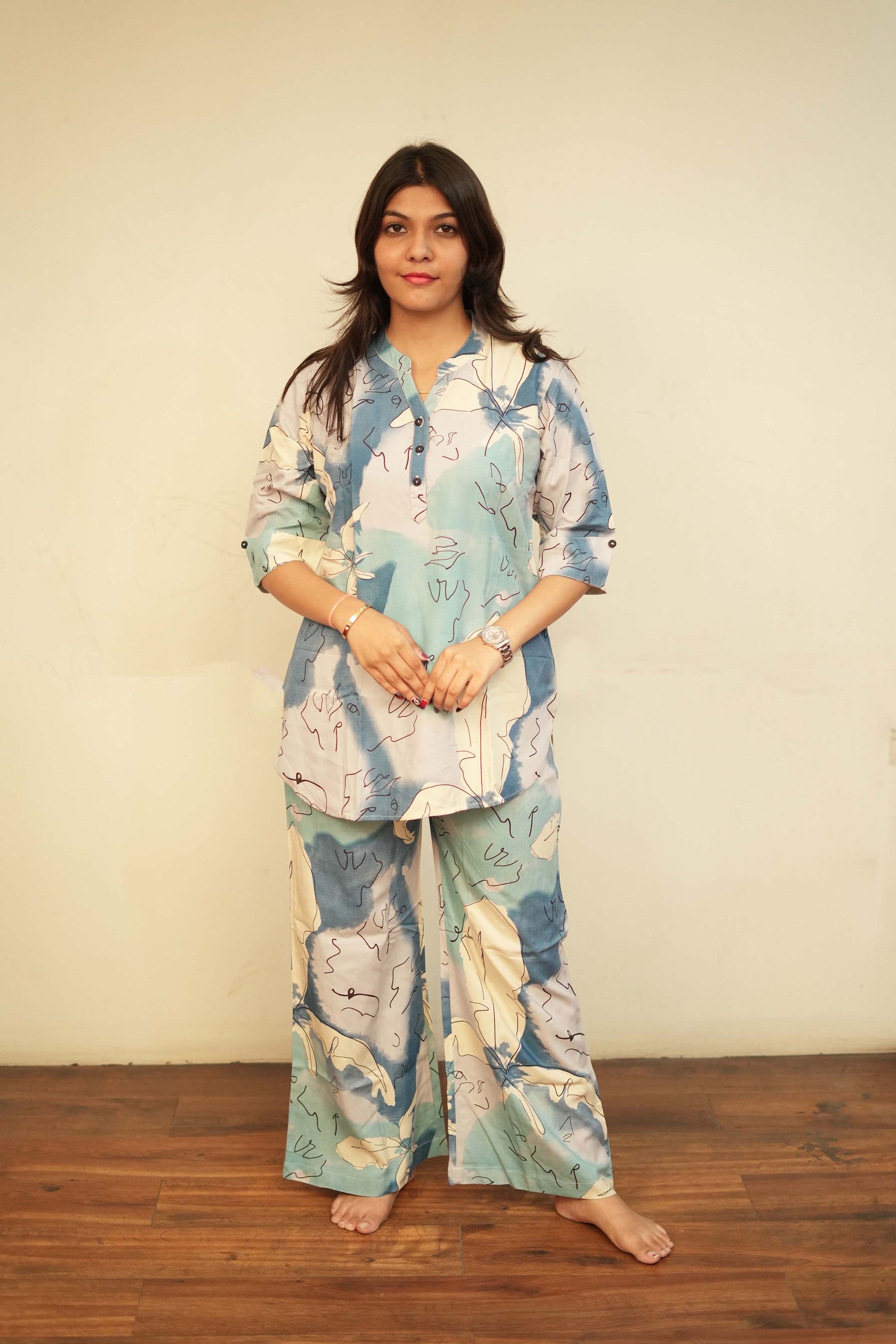 Women's Blue Abstract Print Kurti and Palazzo Co-Ord Set