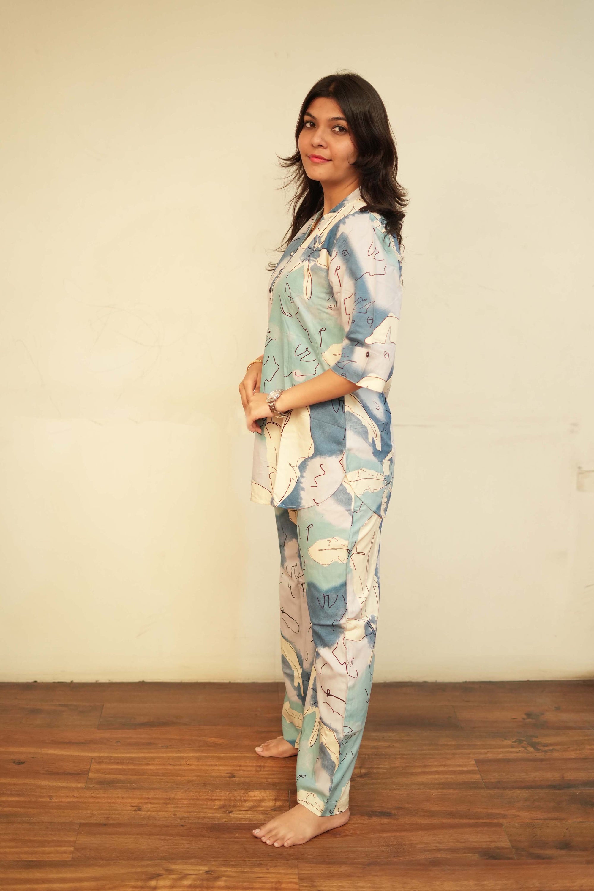 Women's Blue Abstract Print Kurti and Palazzo Co-Ord Set