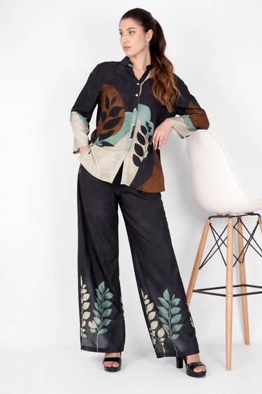 Women Black Leaf Print Shirt with Palazzo Co-ord Set