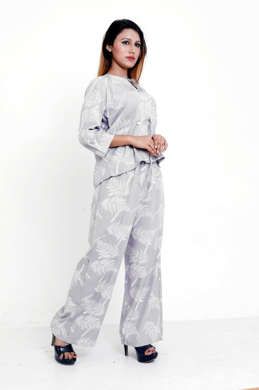 GroHood Mist Grey Fern Co-ord Set – Relaxed Top & Wide-Leg Pants