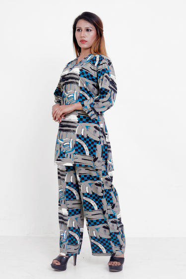 GroHood Indigo Abstract Co-ord Set – Printed Top & Wide-Leg Pants
