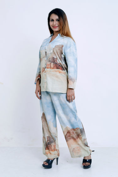 Women Blue Scenic Printed Shirt with Matching Palazzo Co-ord Set