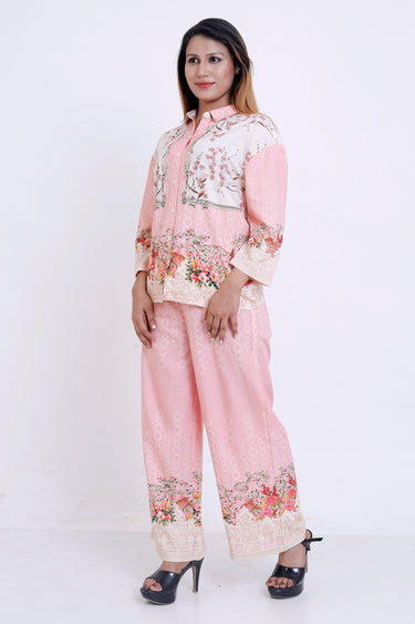 Women Pink Floral Printed Shirt & Palazzo Co-ord Set