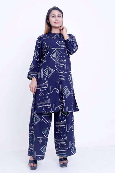 Women Navy Blue Geometric Printed Kurti with Palazzo Co-ord Set