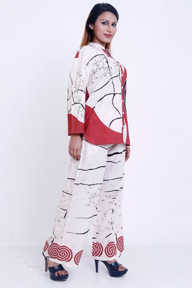 Women Off-White & Red Abstract Printed Shirt with Palazzo Co-ord Set