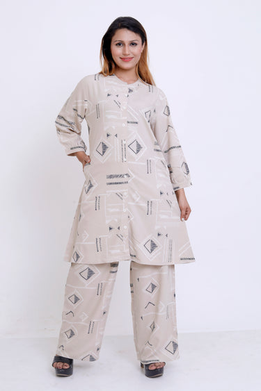 Women Beige Geometric Printed Kurti with Palazzo Co-ord Set