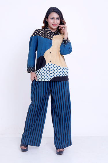 Women Blue Multi-Print Shirt with Striped Palazzo Co-ord Set
