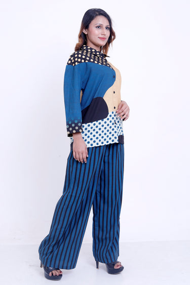 Women Blue Multi-Print Shirt with Striped Palazzo Co-ord Set