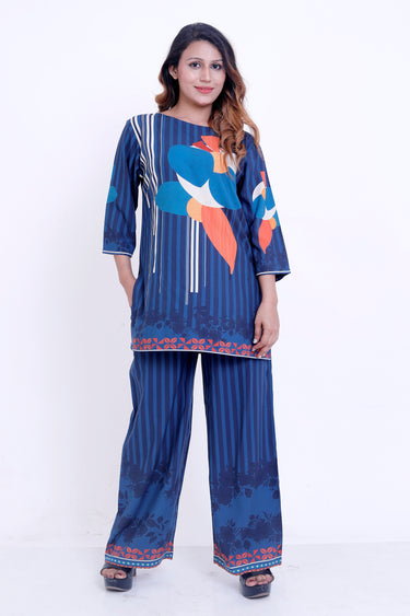 Women Navy Blue Floral Printed Kurti with Striped Palazzo Co-ord Set
