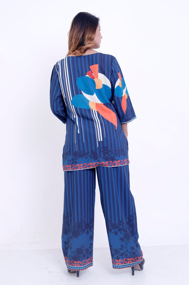 Women Navy Blue Floral Printed Kurti with Striped Palazzo Co-ord Set