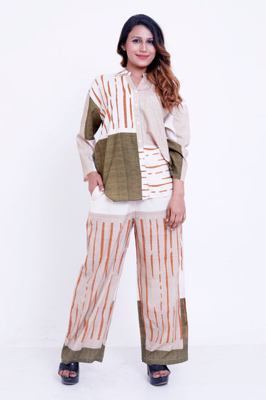 Women Beige & Olive Abstract Stripe Printed Shirt with Palazzo Co-ord Set