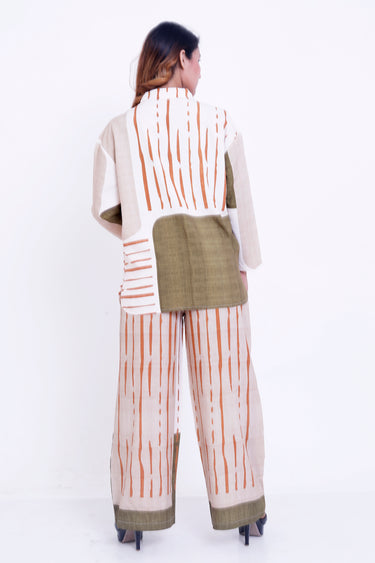 Women Beige & Olive Abstract Stripe Printed Shirt with Palazzo Co-ord Set