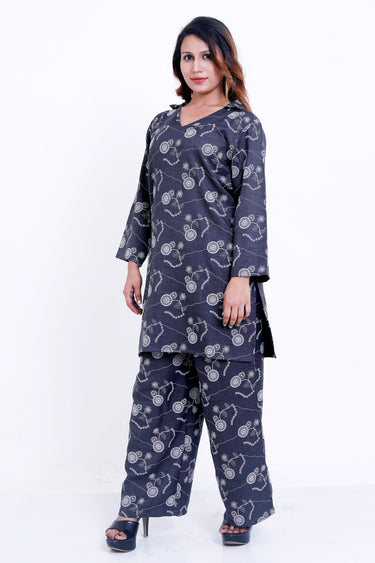 Women Charcoal Grey Floral Printed Kurti with Palazzo Co-ord Set