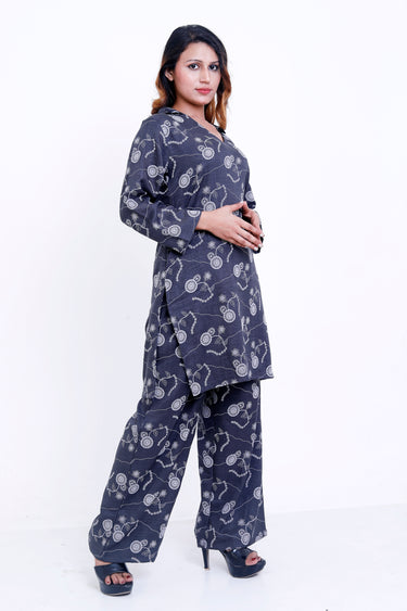 Women Charcoal Grey Floral Printed Kurti with Palazzo Co-ord Set
