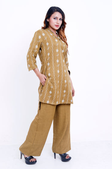 Women Mustard Embroidered Kurti with Solid Palazzo Co-ord Set