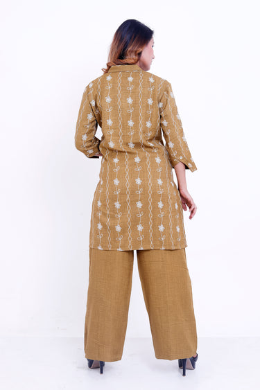 Women Mustard Embroidered Kurti with Solid Palazzo Co-ord Set