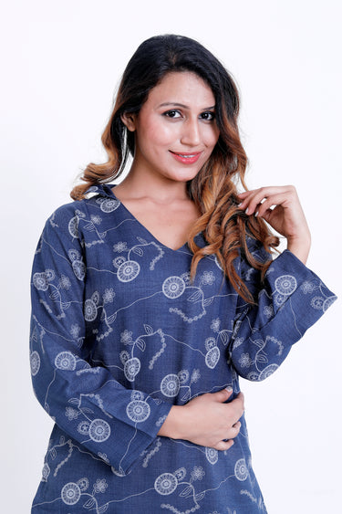 Women Navy Blue Floral Printed Kurti with Palazzo Co-ord Set