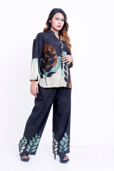 Women Black Leaf Print Shirt with Palazzo Co-ord Set