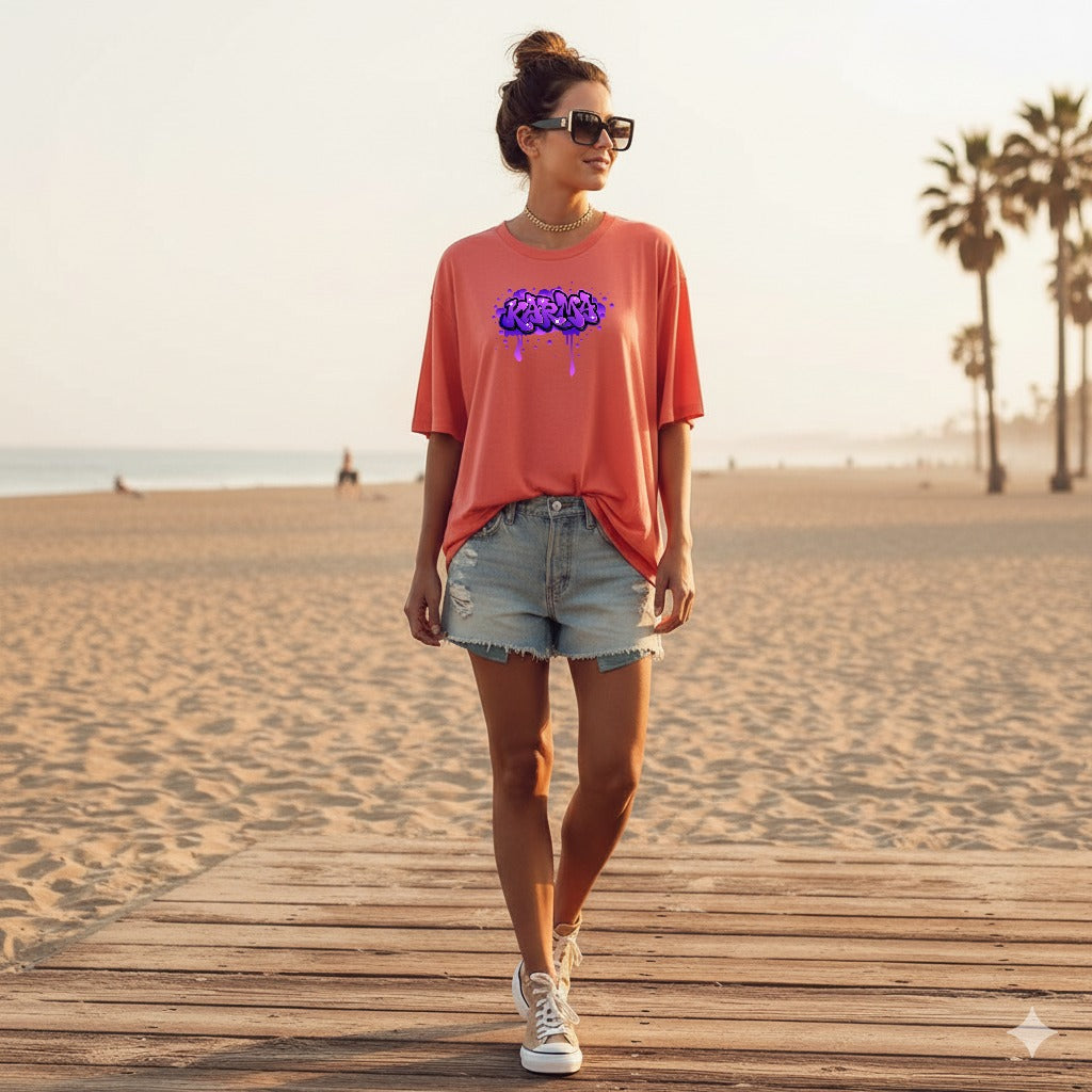Karma Graffiti Women's Oversized Half Sleeve Orange Tee