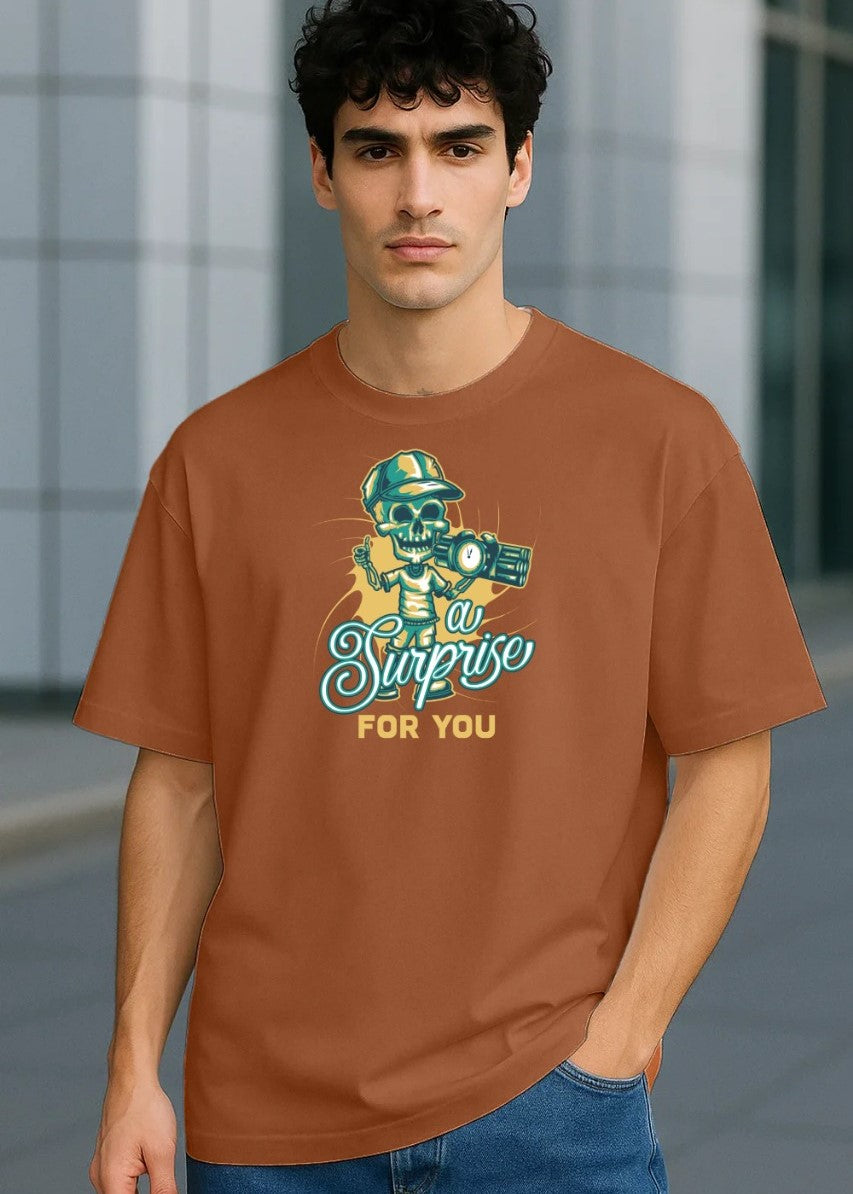 Men's Brown 'A Surprise For You' Skull Graphic Oversized T-Shirt