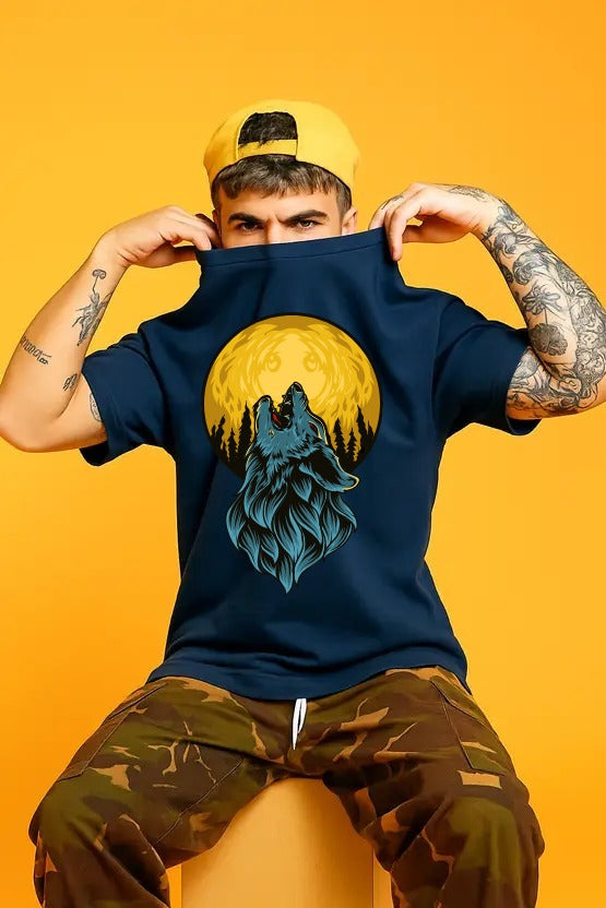 Men's Dark Blue 'Howling Wolf & Full Moon' Graphic Back Print T-Shirt