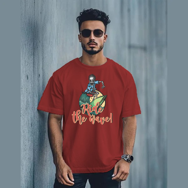 Men’s Oversized Printed T-Shirt – Ride the Wave Skeleton Surfer