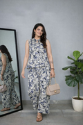 Cream Blue Leaf Print Top & Pant Co-ord Set