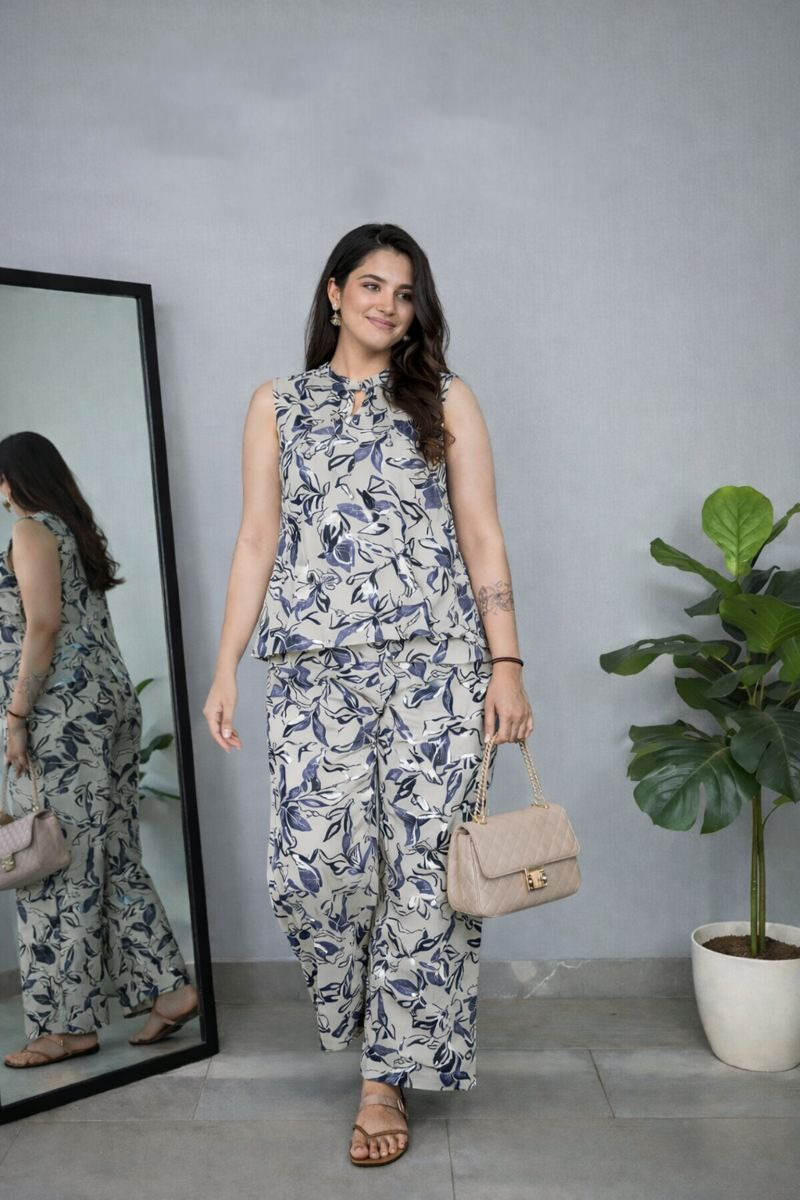 Cream Blue Leaf Print Top & Pant Co-ord Set