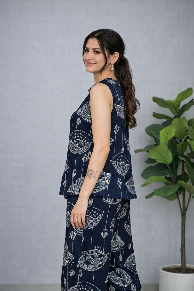Navy Abstract Print Top & Pant Co-ord Set