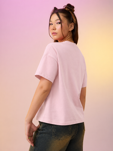 Women’s Baby Pink Oversized Graphic Printed T-Shirt | Casual Cotton Round Neck Streetwear Tee