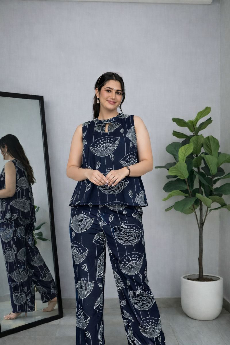 Navy Abstract Print Top & Pant Co-ord Set