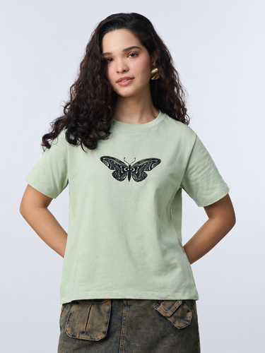 Women’s Sage Green Butterfly Graphic Printed T-Shirt | Casual Cotton Round Neck Oversized Tee