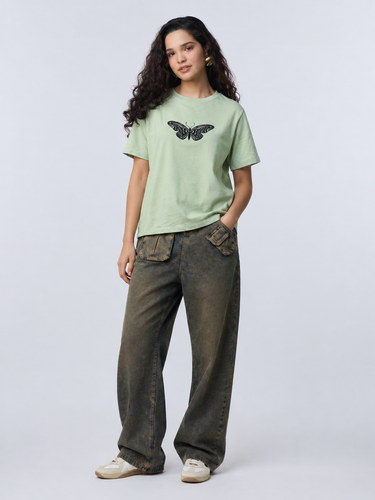 Women’s Sage Green Butterfly Graphic Printed T-Shirt | Casual Cotton Round Neck Oversized Tee